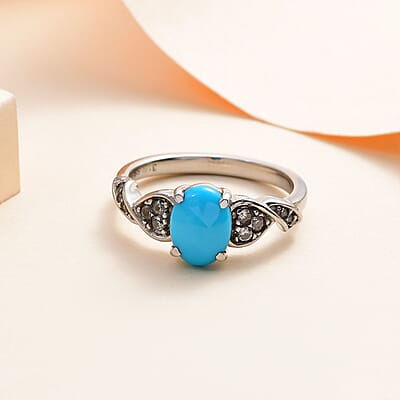 Sleeping Beauty Turquoise and White Zircon Ring in Stainless Steel (Size 5.0) 1.25 ctw