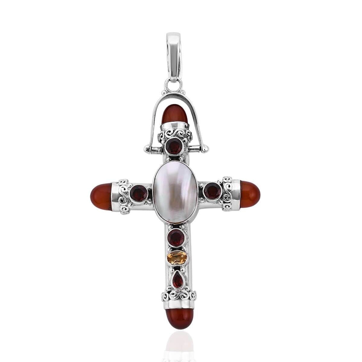 Sajen Silver White Mabe Pearl and Multi Gemstone Cross Pendant in Sterling Silver 29.70 ctw image number 0