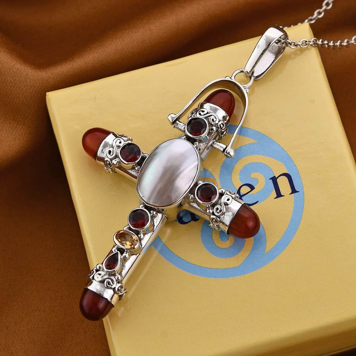 Sajen Silver White Mabe Pearl and Multi Gemstone Cross Pendant in Sterling Silver 29.70 ctw image number 1