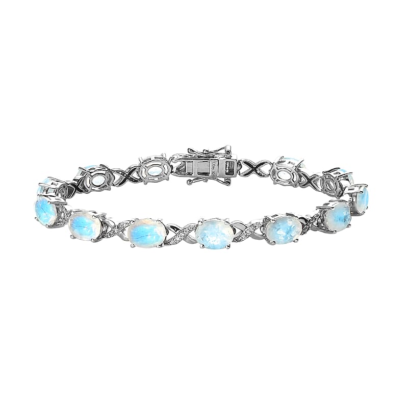 Premium Rainbow Moonstone and White Zircon Bracelet in Platinum Over Sterling Silver (7.25 In) 18.15 ctw