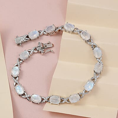 Premium Rainbow Moonstone and White Zircon Bracelet in Platinum Over Sterling Silver (7.25 In) 18.15 ctw