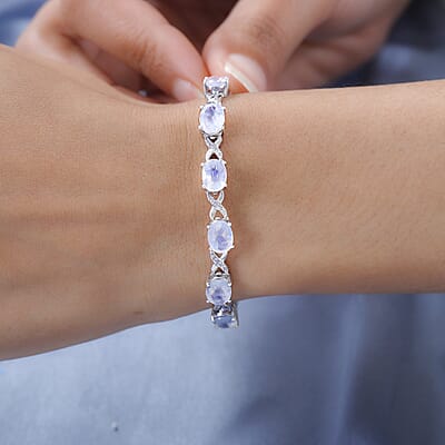 Premium Rainbow Moonstone and White Zircon Bracelet in Platinum Over Sterling Silver (7.25 In) 18.15 ctw