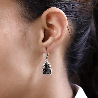 Artisan Crafted Matrix Silver Shungite Lever Back Earrings in Platinum Over Copper and Stainless Steel 7.35 ctw , Tarnish-Free, Waterproof, Sweat Proof Jewelry