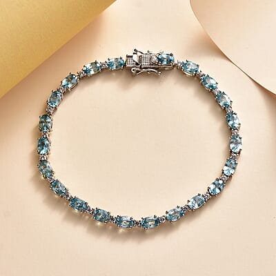 Cambodian Blue Zircon and White Zircon Tennis Bracelet in Platinum Over Sterling Silver (6.50 In) 14.75 ctw
