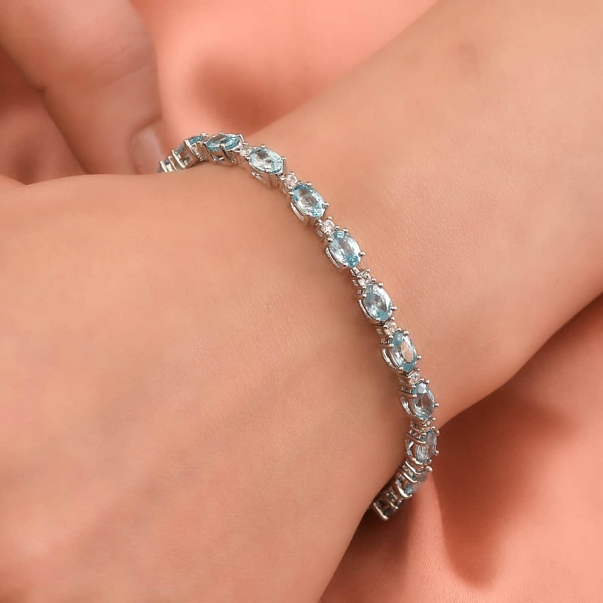 Cambodian Blue Zircon and White Zircon Tennis Bracelet in Platinum Over Sterling Silver (6.50 In) 14.75 ctw image number 2