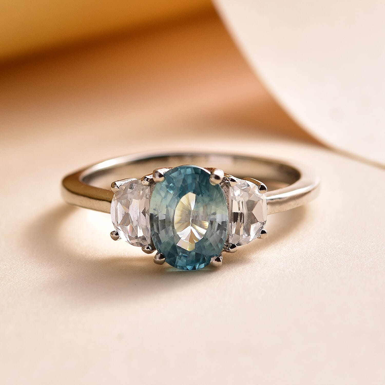 Cambodian Blue Zircon and White Zircon Ring in Platinum Over Sterling Silver (Size 10.0) 1.65 ctw