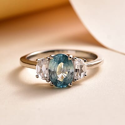 Cambodian Blue Zircon and White Zircon Ring in Platinum Over Sterling Silver (Size 10.0) 1.65 ctw