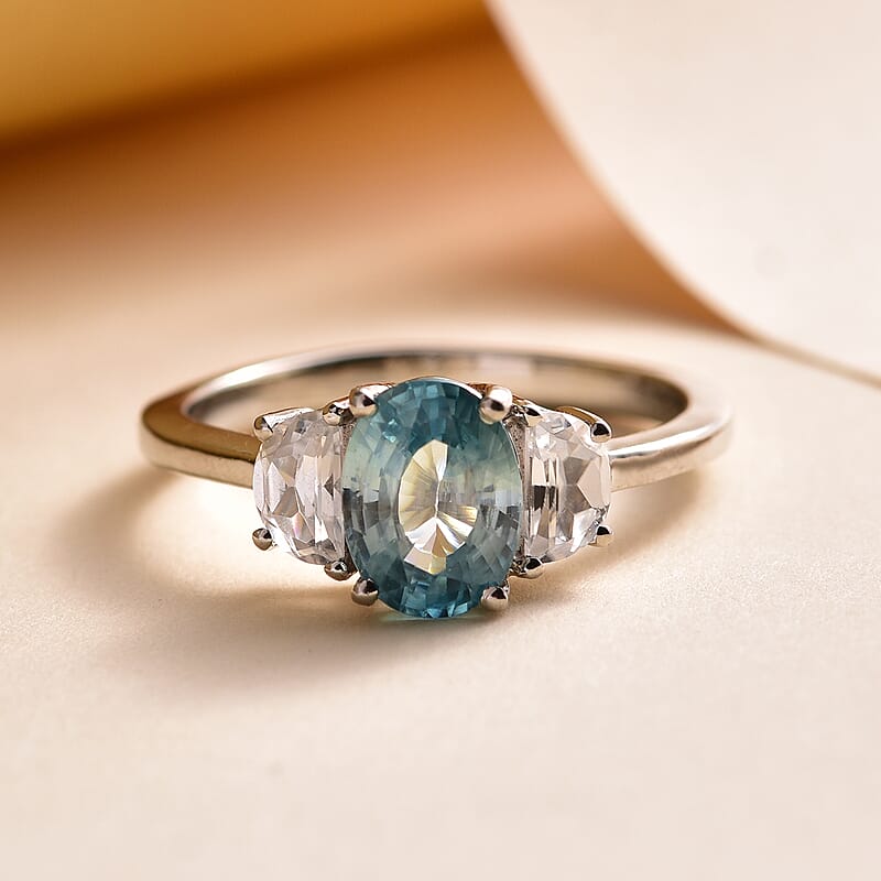 Cambodian Blue Zircon and White Zircon Ring in Platinum Over Sterling Silver (Size 10.0) 1.65 ctw