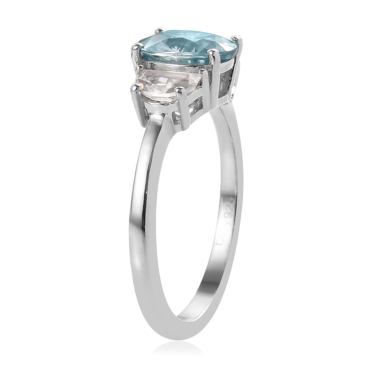 Cambodian Blue Zircon and White Zircon Ring in Platinum Over Sterling Silver (Size 10.0) 1.65 ctw