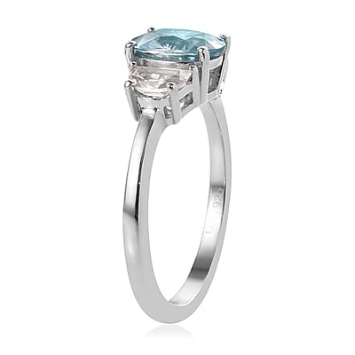 Cambodian Blue Zircon and White Zircon Ring in Platinum Over Sterling Silver (Size 10.0) 1.65 ctw