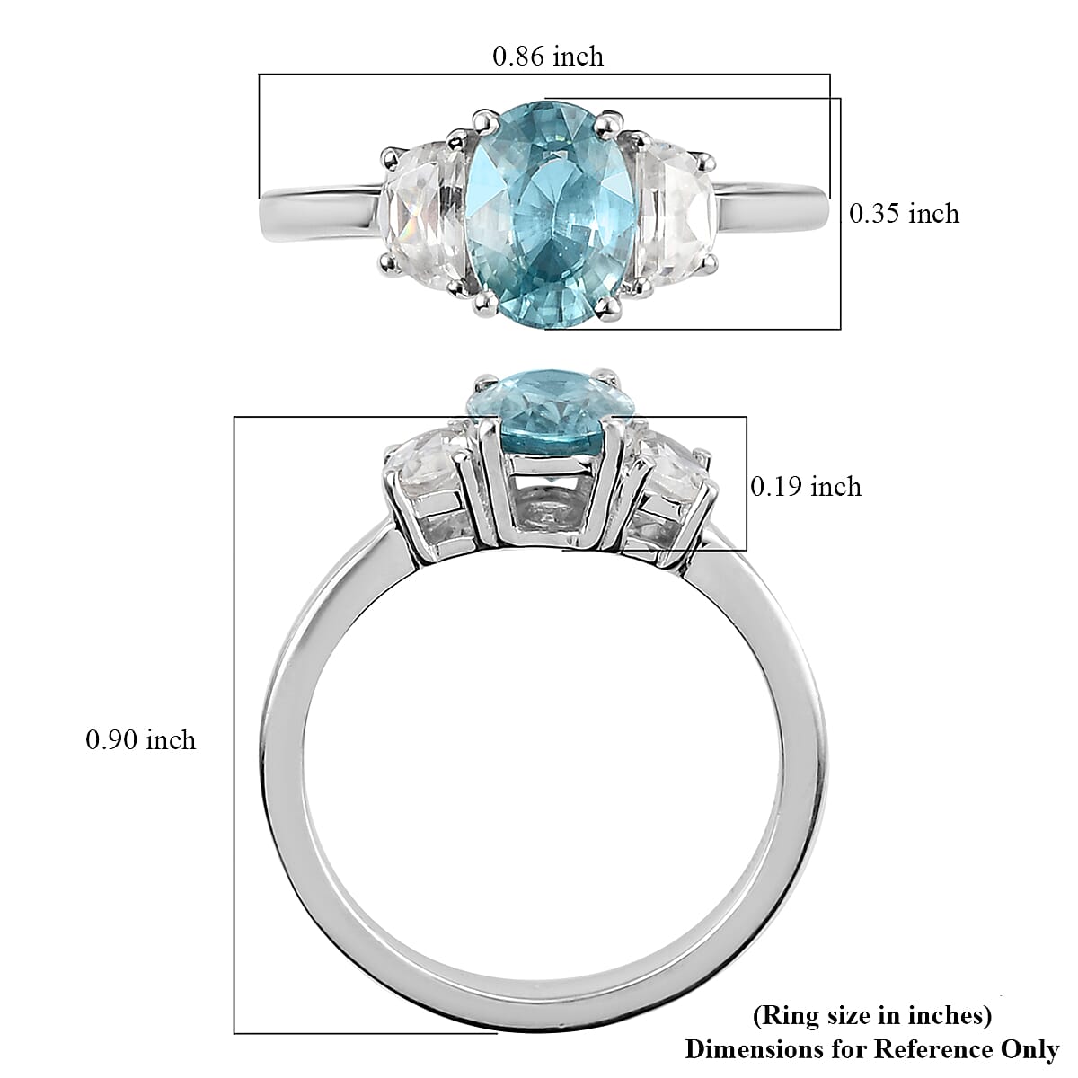 Cambodian Blue Zircon and White Zircon Ring in Platinum Over Sterling Silver (Size 10.0) 1.65 ctw