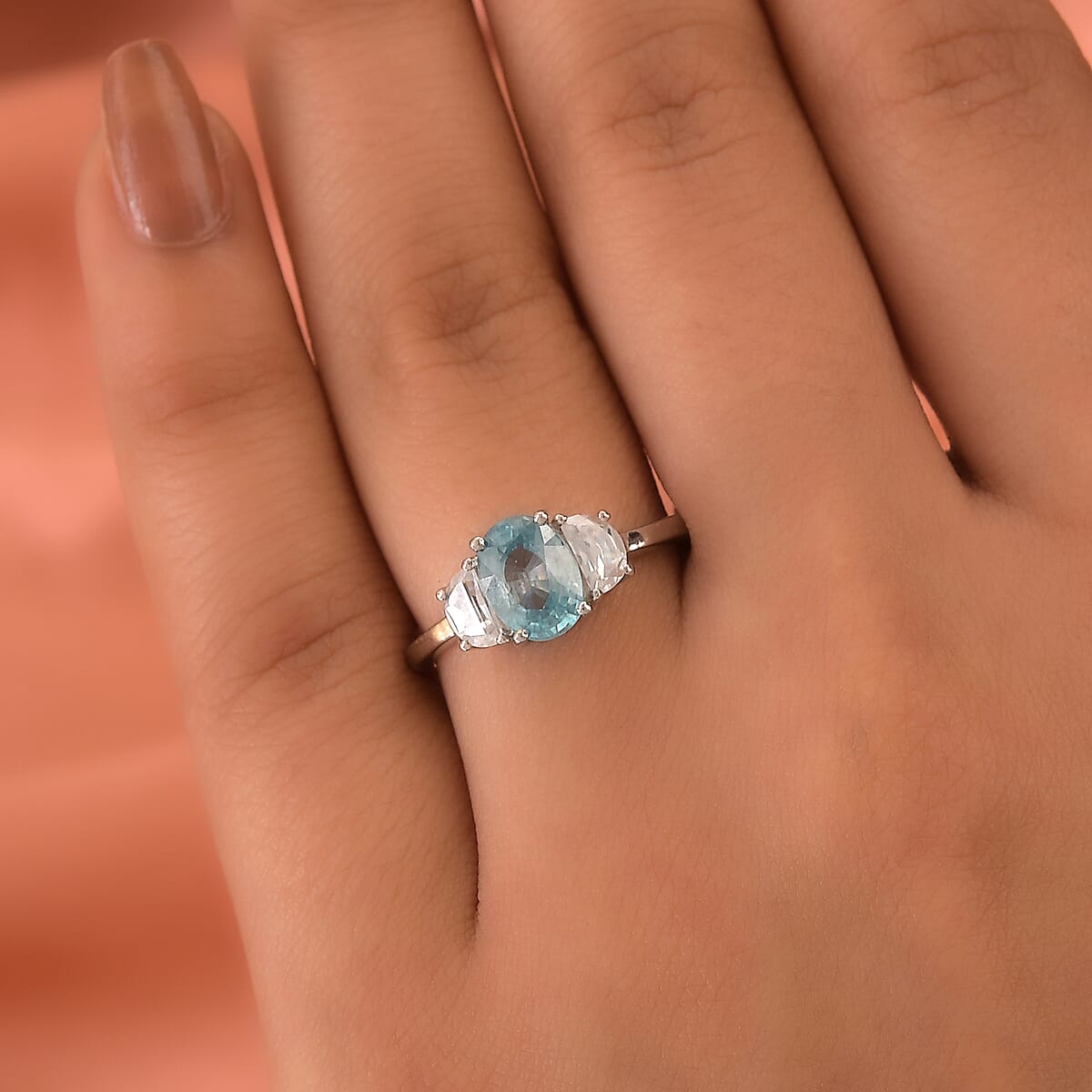 Buy Cambodian Blue Zircon and White Zircon Ring in Platinum Over