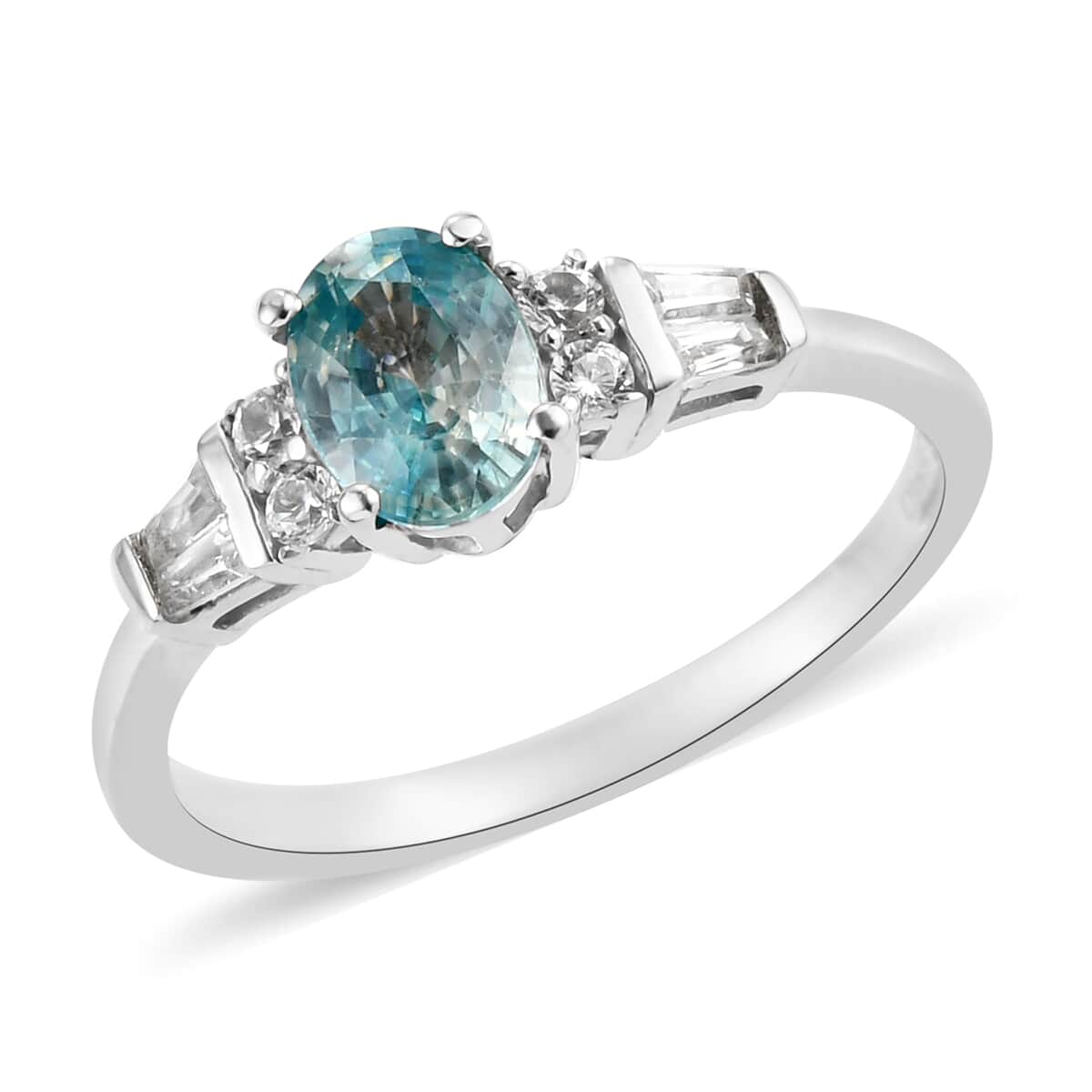 Cambodian Blue Zircon and Natural White Zircon Ring in Platinum Over Sterling Silver 1.65 ctw image number 0