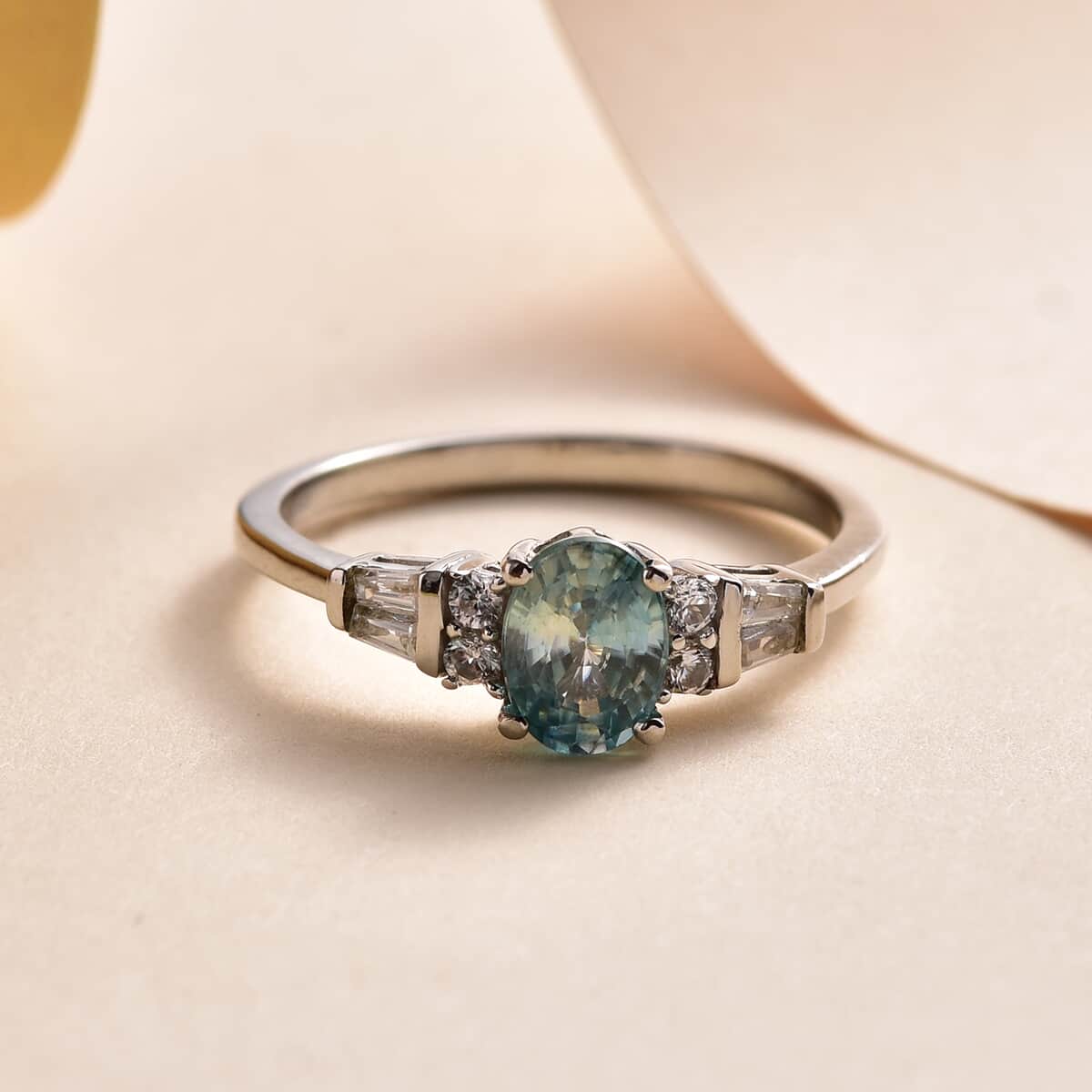 Cambodian Blue Zircon and Natural White Zircon Ring in Platinum Over Sterling Silver 1.65 ctw image number 1