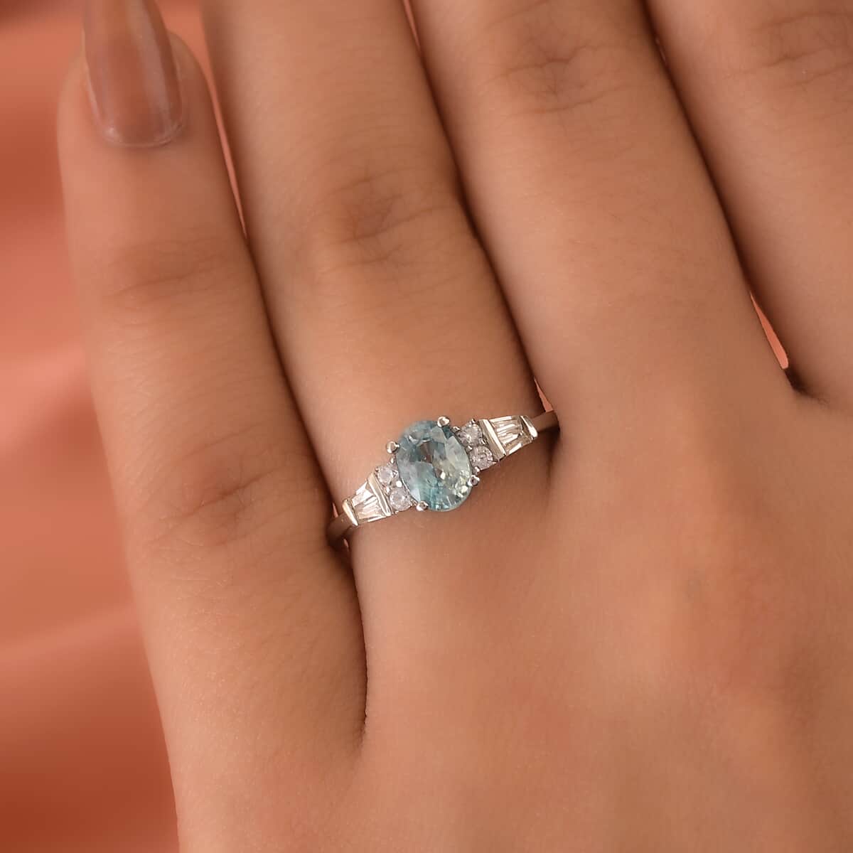 Cambodian Blue Zircon and Natural White Zircon Ring in Platinum Over Sterling Silver 1.65 ctw image number 2