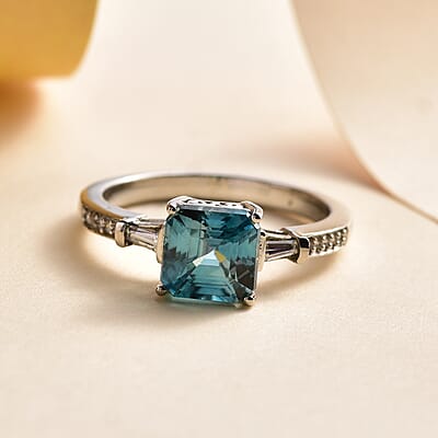 Cambodian Blue Zircon and Moissanite Ring in Platinum Over Sterling Silver (Size 10.0) 2.25 ctw