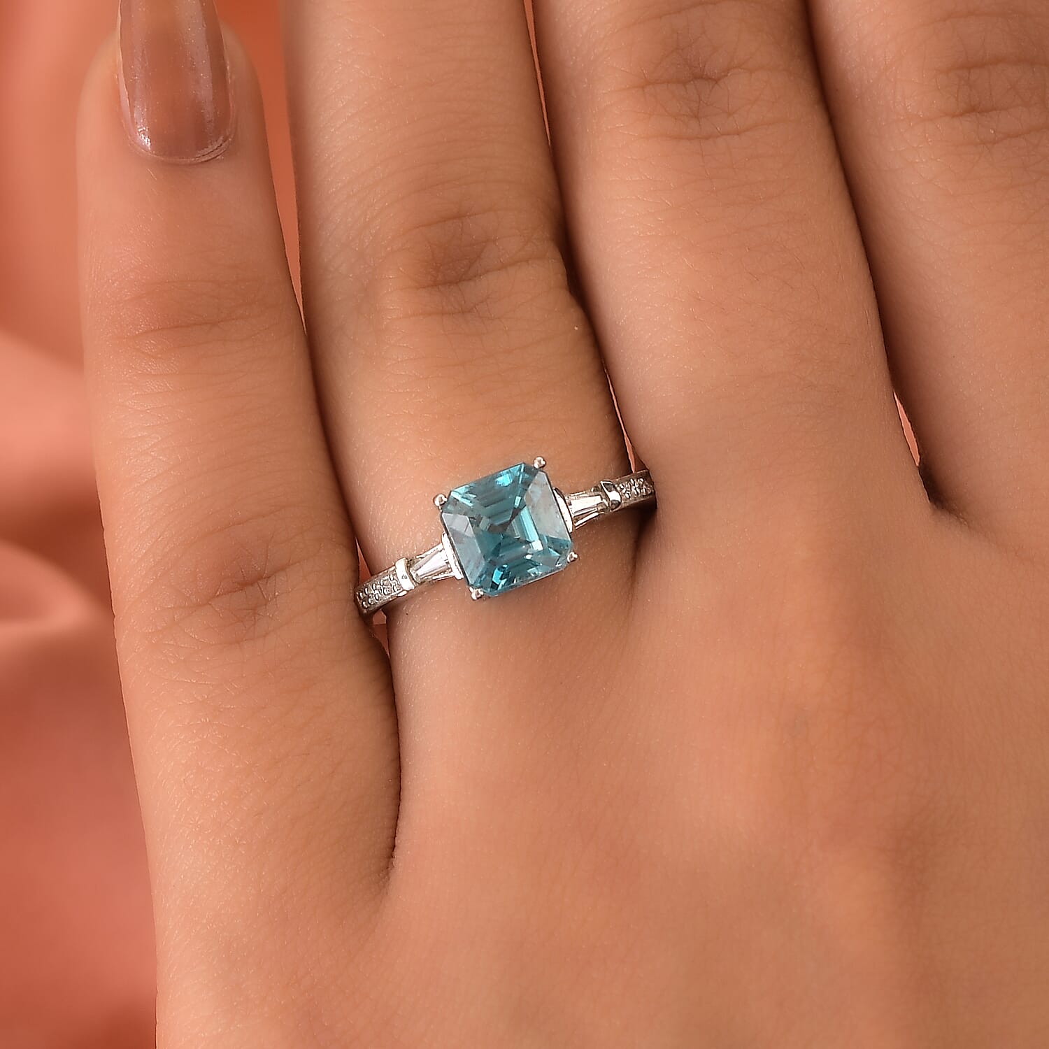 Cambodian Blue Zircon and Moissanite Ring in Platinum Over Sterling Silver (Size 10.0) 2.25 ctw