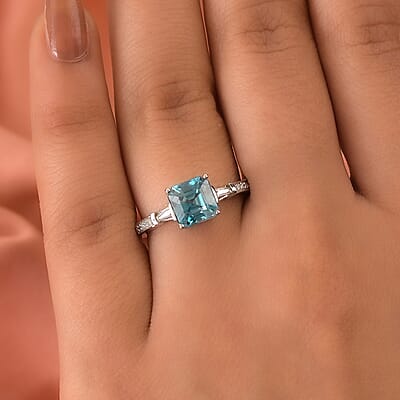 Cambodian Blue Zircon and Moissanite Ring in Platinum Over Sterling Silver (Size 10.0) 2.25 ctw