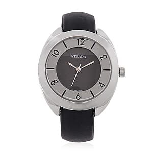Strada Japanese Movement Black Dial Cuff Bracelet Watch with Black Faux Leather & Silvertone Strap (6-6.5 In)