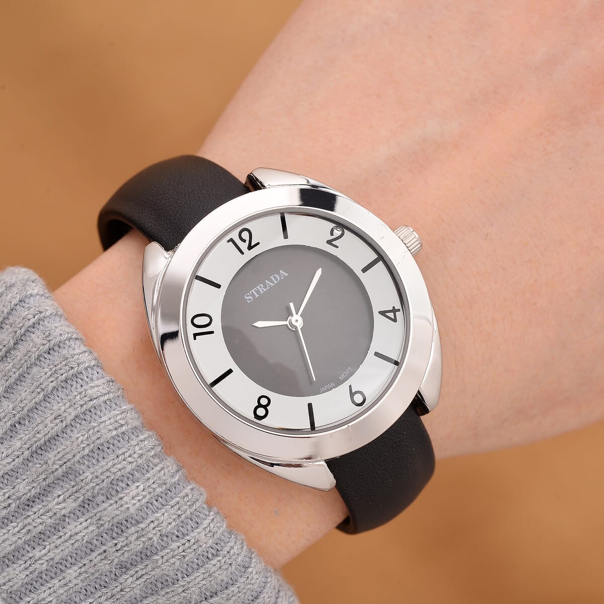 Strada Japanese Movement Black Dial Cuff Bracelet Watch with Black Faux Leather & Silvertone Strap (6-6.5 In) image number 1