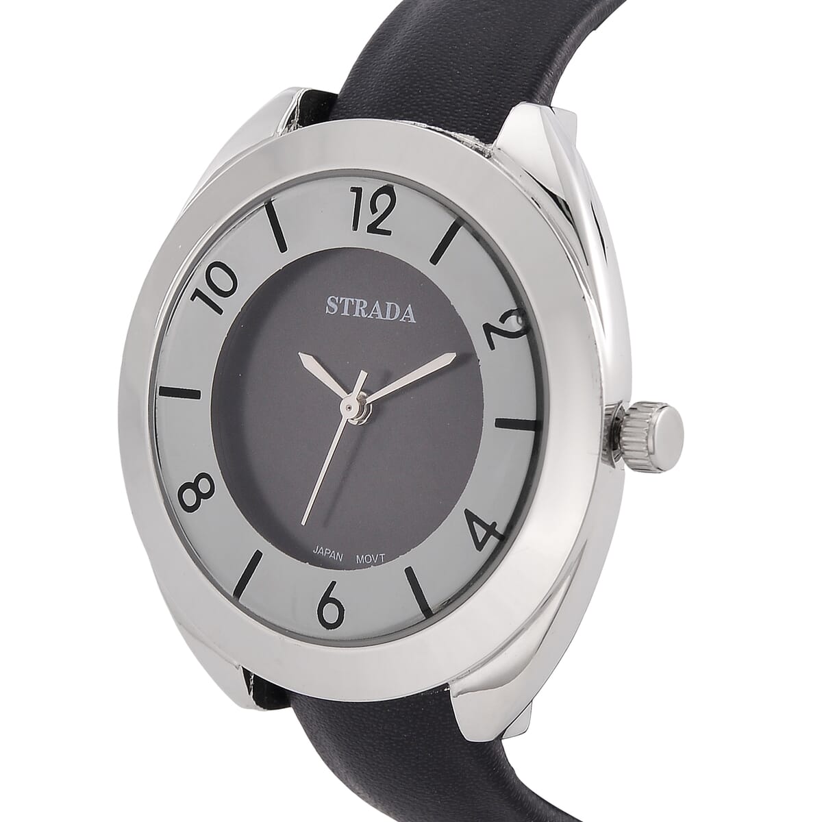 Strada Japanese Movement Black Dial Cuff Bracelet Watch with Black Faux Leather & Silvertone Strap (6-6.5 In) image number 2