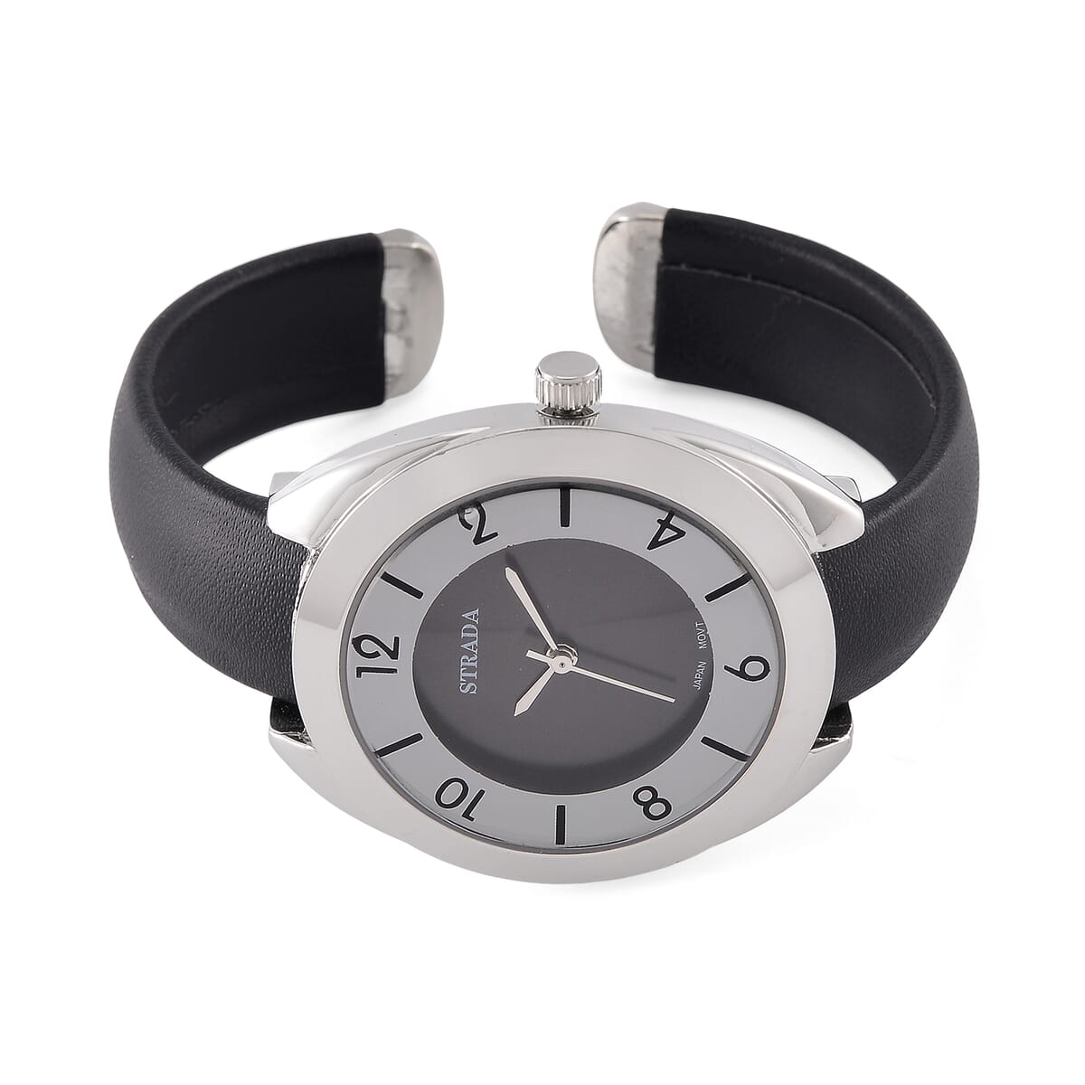 Strada Japanese Movement Black Dial Cuff Bracelet Watch with Black Faux Leather & Silvertone Strap (6-6.5 In) image number 3