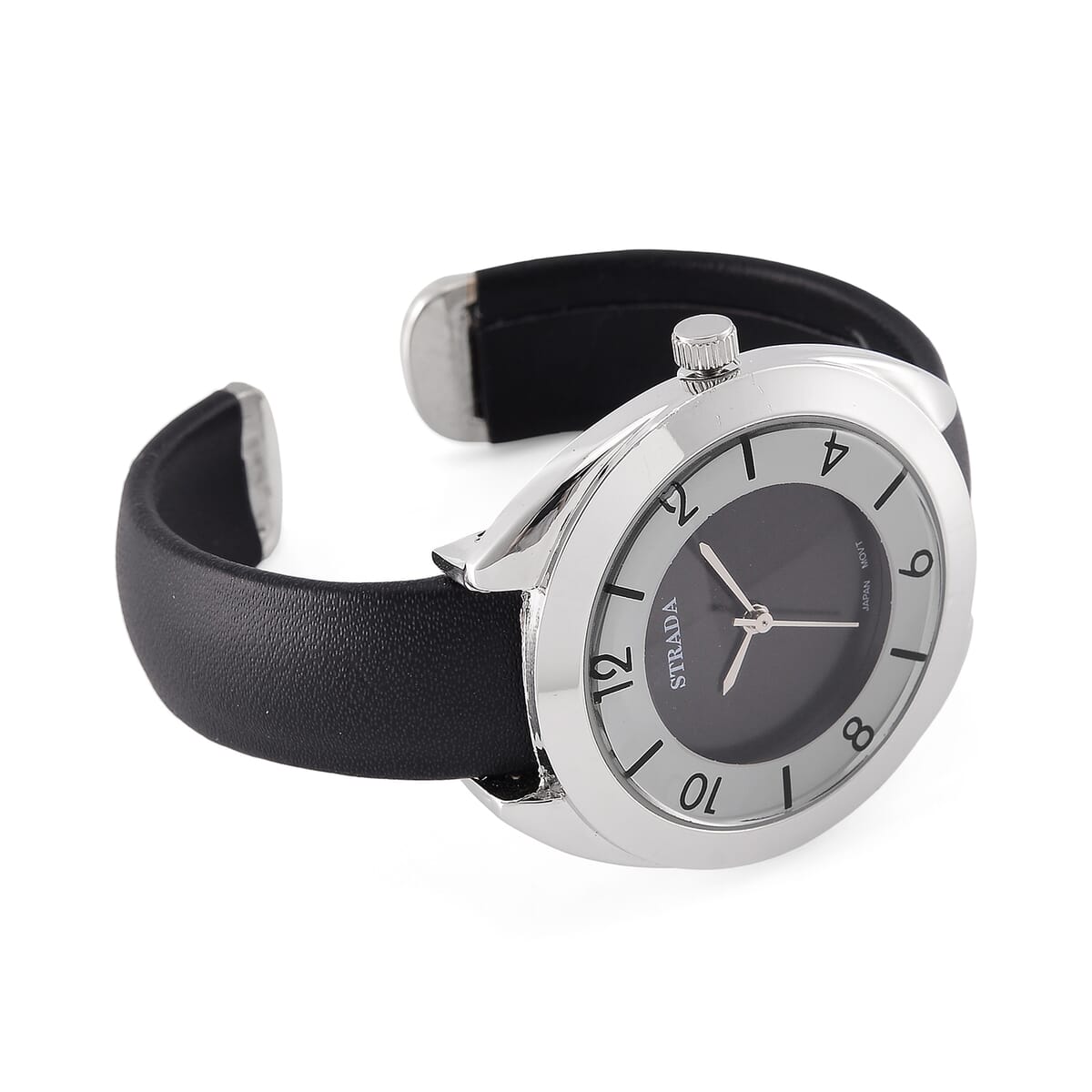 Strada Japanese Movement Black Dial Cuff Bracelet Watch with Black Faux Leather & Silvertone Strap (6-6.5 In) image number 4