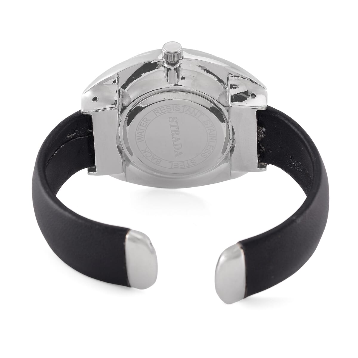 Strada Japanese Movement Black Dial Cuff Bracelet Watch with Black Faux Leather & Silvertone Strap (6-6.5 In) image number 5