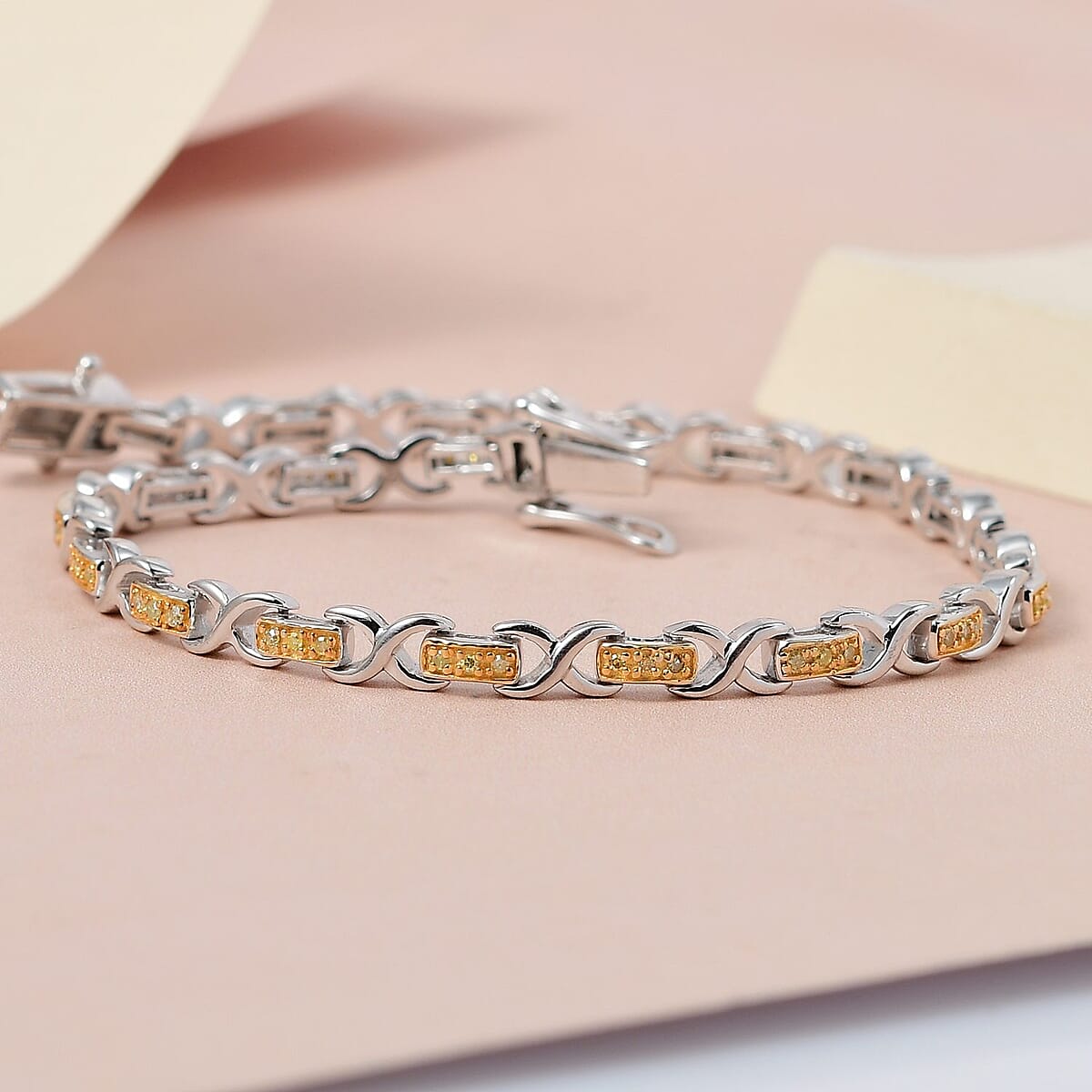 Natural Yellow Diamond Infinity Bracelet in Rhodium and Platinum Over Sterling Silver (7.25 In) 0.25 ctw image number 1