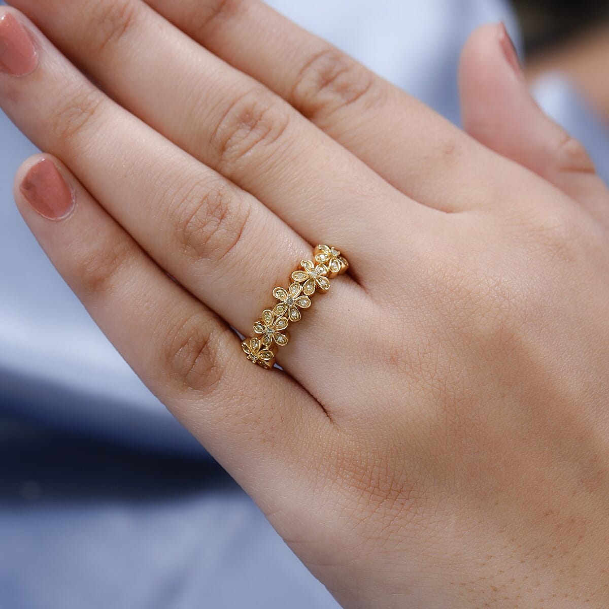 Natural Yellow Diamond I3 Floral Ring in Vermeil Yellow Gold Over Sterling Silver 0.15 ctw image number 2