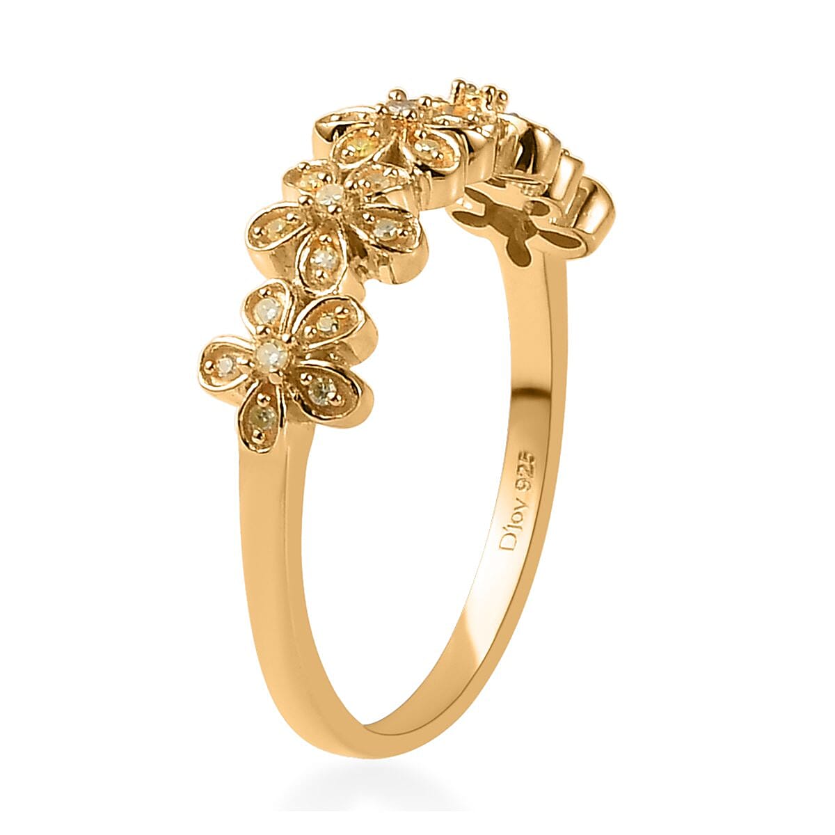 Natural Yellow Diamond I3 Floral Ring in Vermeil Yellow Gold Over Sterling Silver 0.15 ctw image number 3
