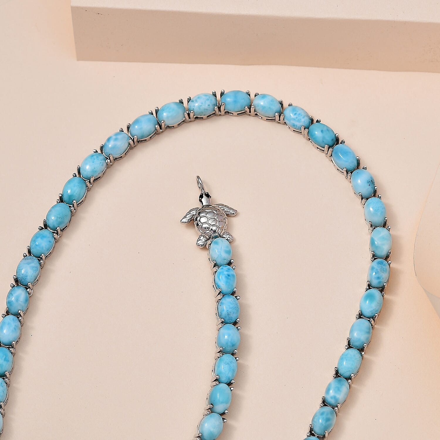 Larimar and Thai Black Spinel Tennis Necklace 18 Inches with Turtle Lock in Platinum Over Sterling Silver 25 Grams 58.25 ctw