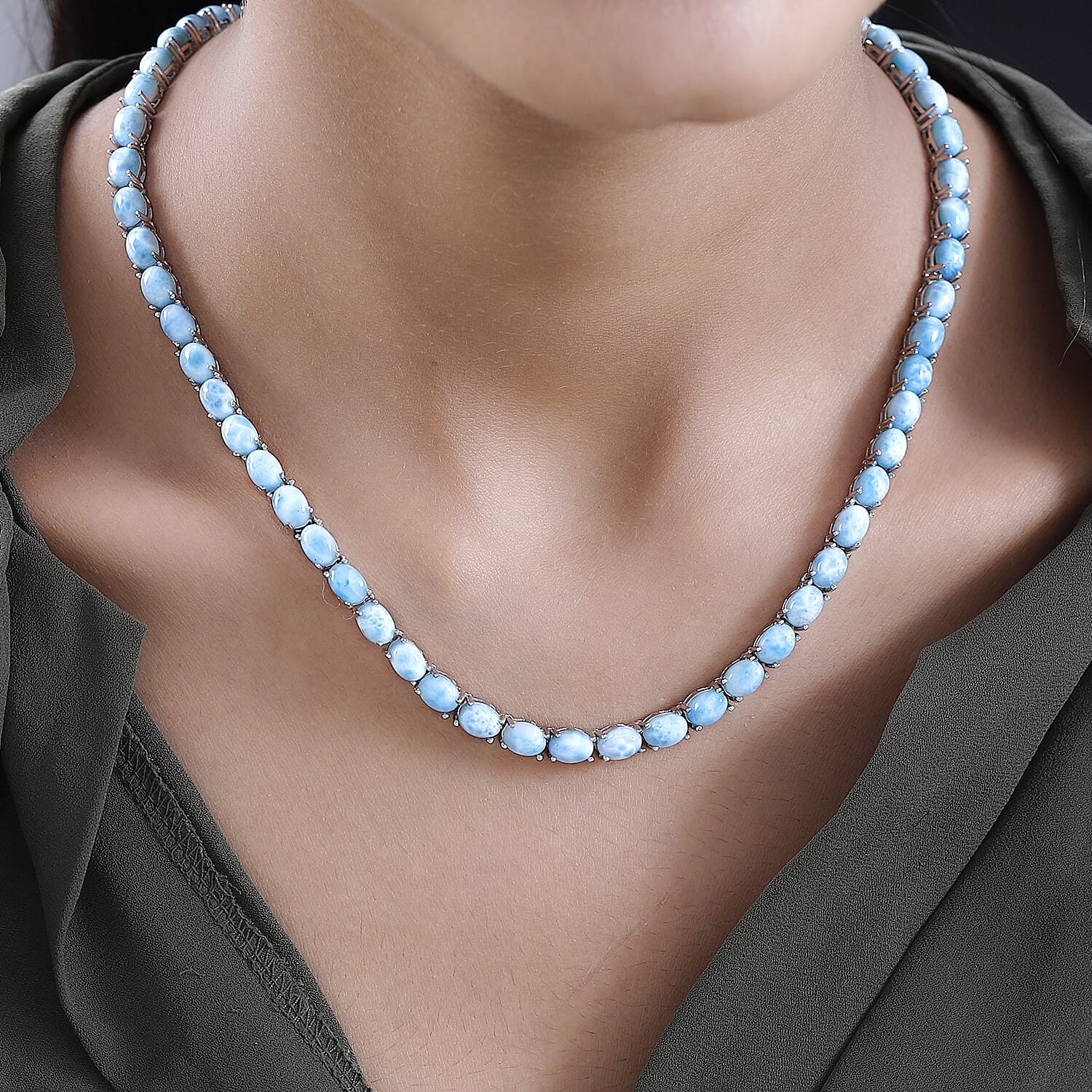 Larimar and Thai Black Spinel Tennis Necklace 18 Inches with Turtle Lock in Platinum Over Sterling Silver 25 Grams 58.25 ctw