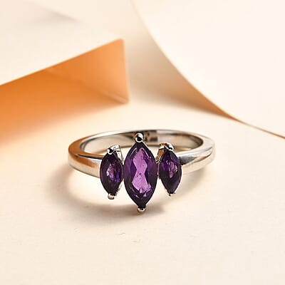 Amethyst 3 Stone Ring in Stainless Steel (Size 10.0) 1.25 ctw