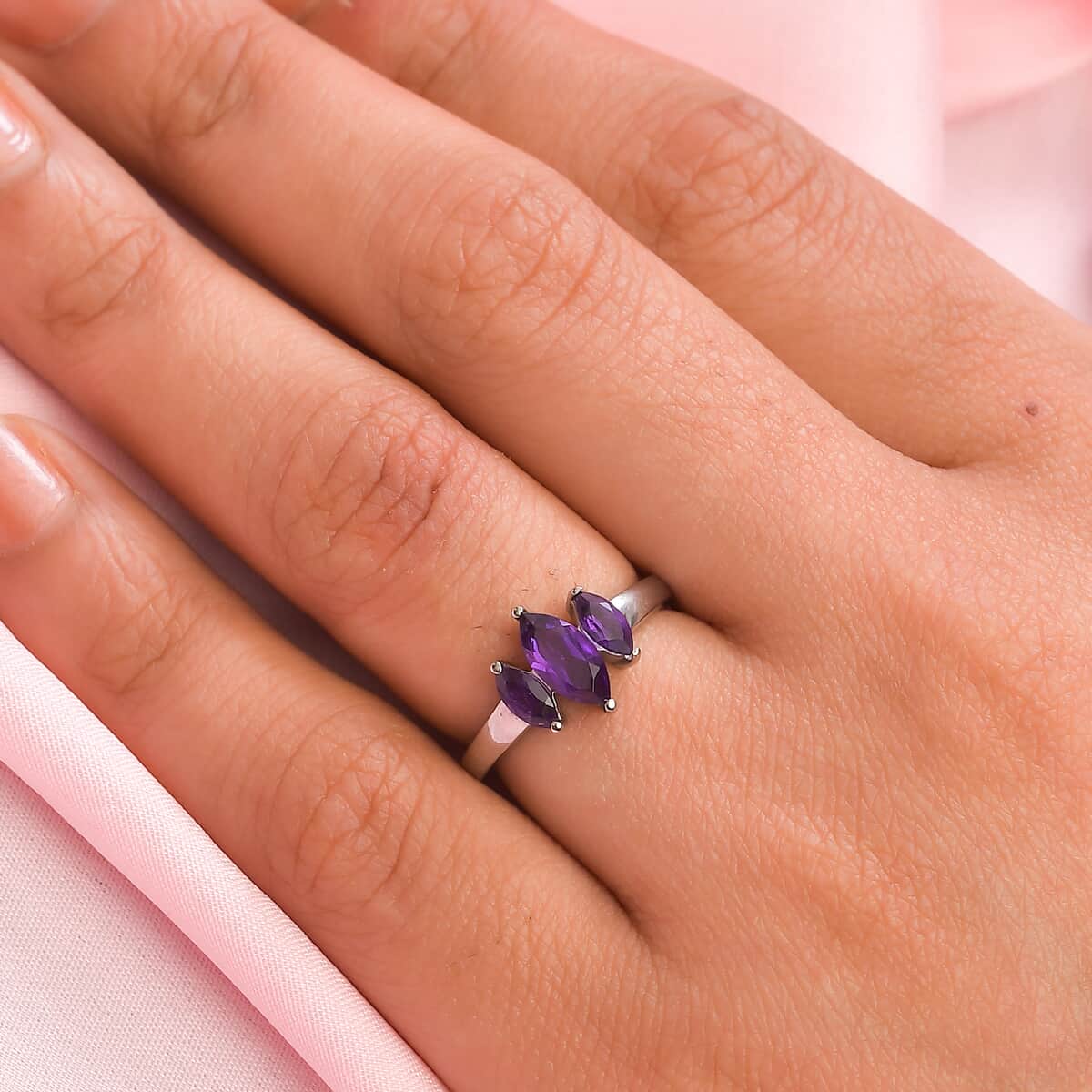 Amethyst 3 Stone Ring in Stainless Steel 1.25 ctw image number 2