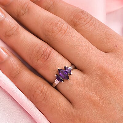 Amethyst 3 Stone Ring in Stainless Steel (Size 10.0) 1.25 ctw