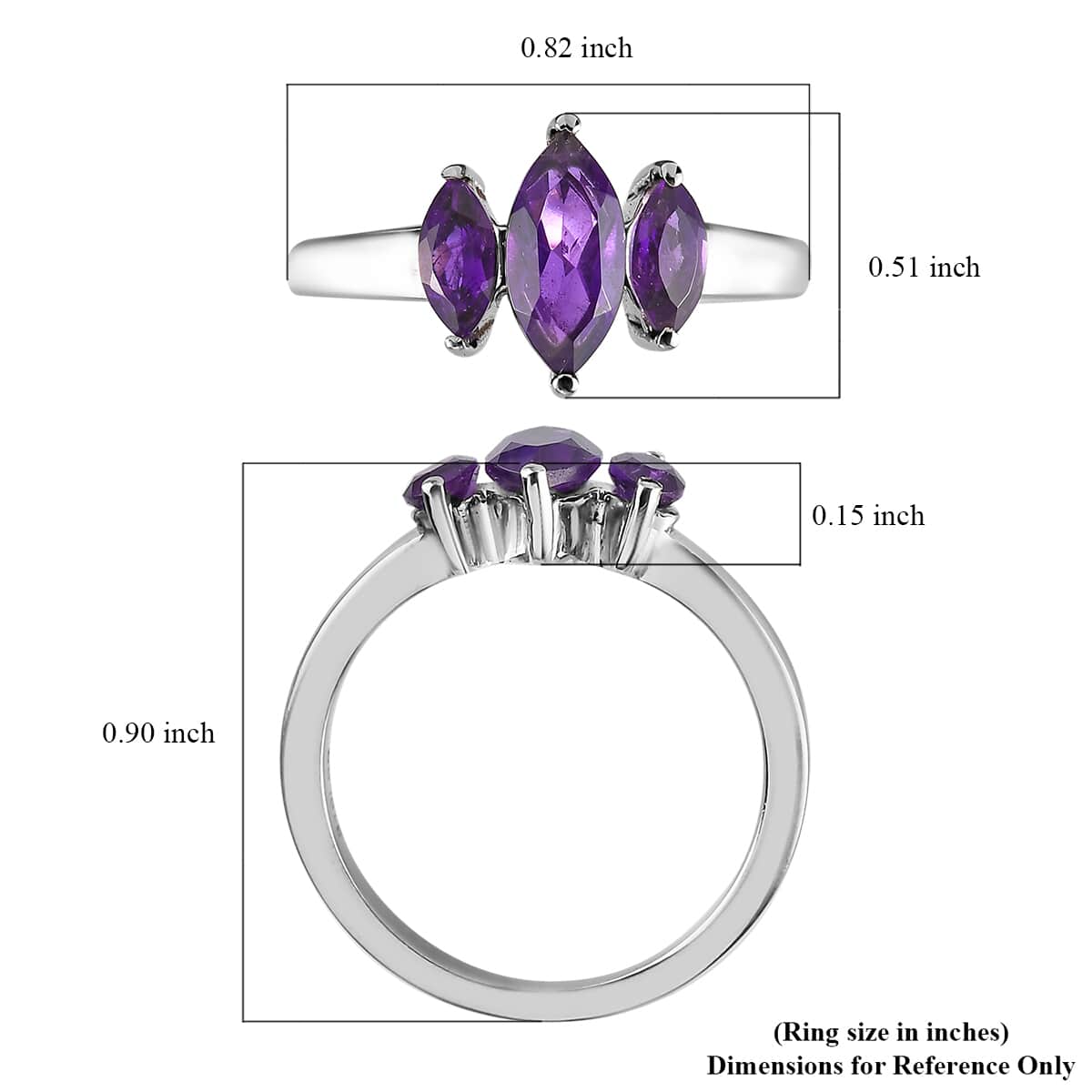 Amethyst 3 Stone Ring in Stainless Steel 1.25 ctw image number 5