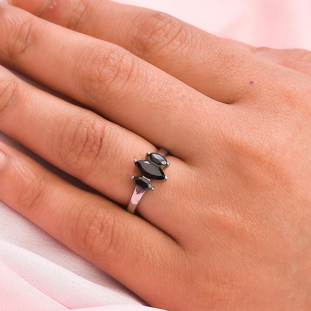 Thai Black Spinel 3 Stone Ring in Stainless Steel (Size 10.0) 1.60 ctw | Tarnish-Free, Waterproof, Sweat Proof Jewelry image number 2