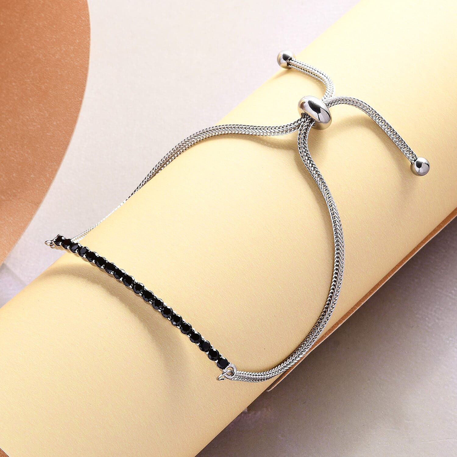 Thai Black Spinel Bolo Bracelet in Stainless Steel 1.15 ctw , Tarnish-Free, Waterproof, Sweat Proof Jewelry