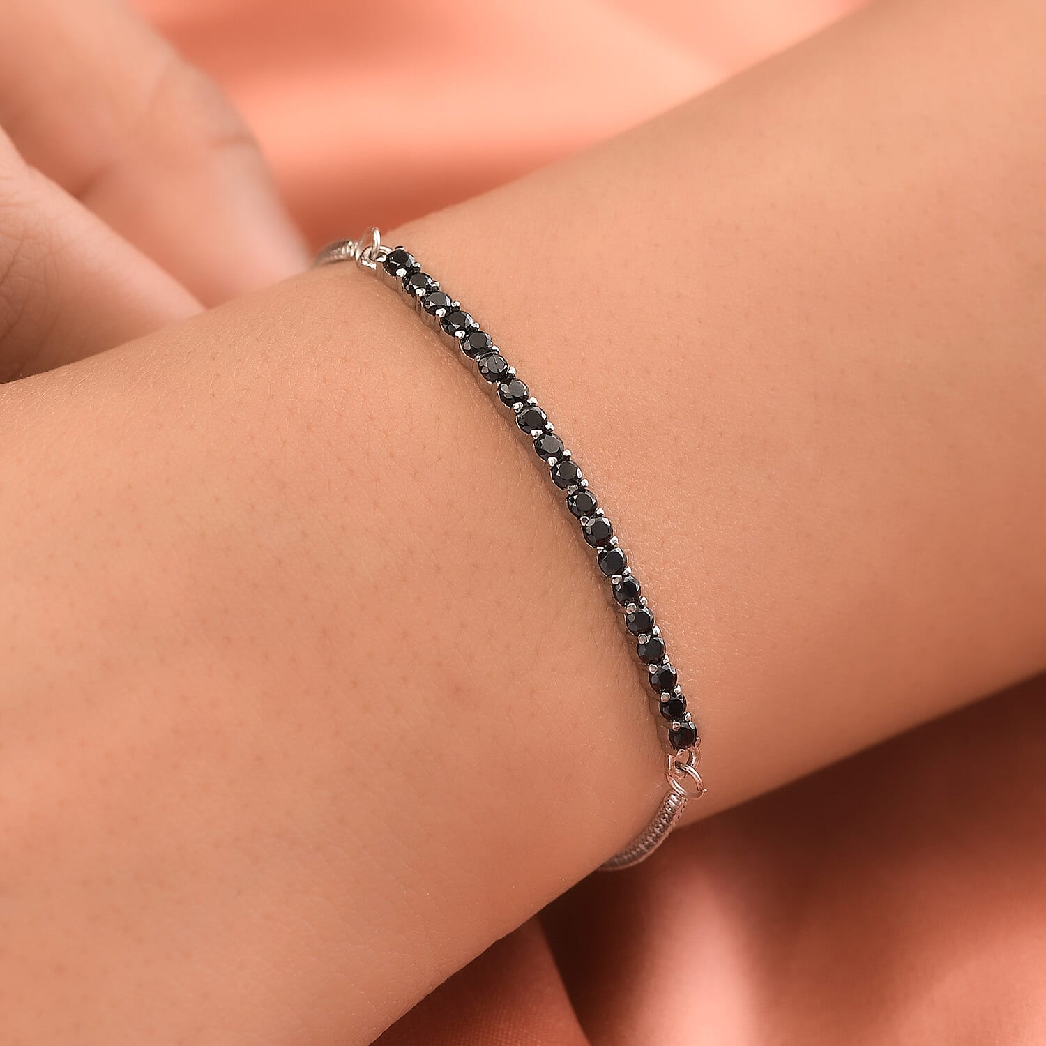 Thai Black Spinel Bolo Bracelet in Stainless Steel 1.15 ctw , Tarnish-Free, Waterproof, Sweat Proof Jewelry