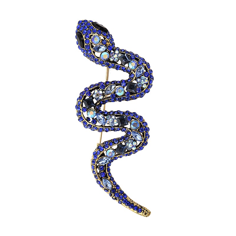 Black and Blue Glass, Blue Magic Austrian Crystal Snake Brooch in Goldtone