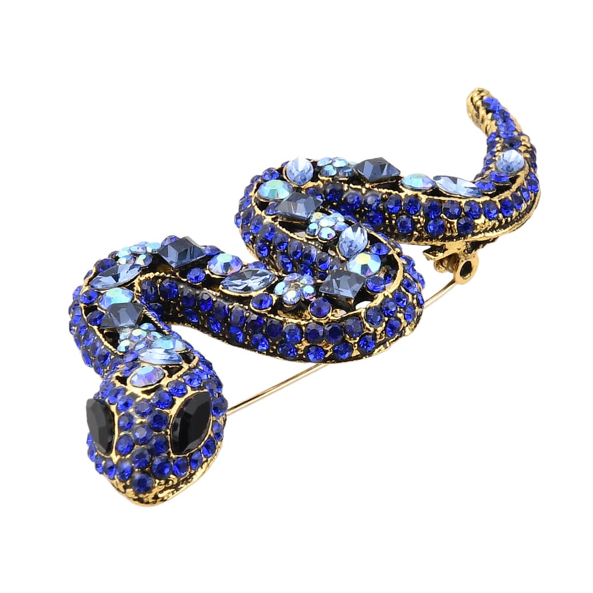 Black and Blue Glass, Blue Magic Austrian Crystal Snake Brooch in Goldtone image number 2