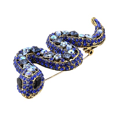 Black and Blue Glass, Blue Magic Austrian Crystal Snake Brooch in Goldtone