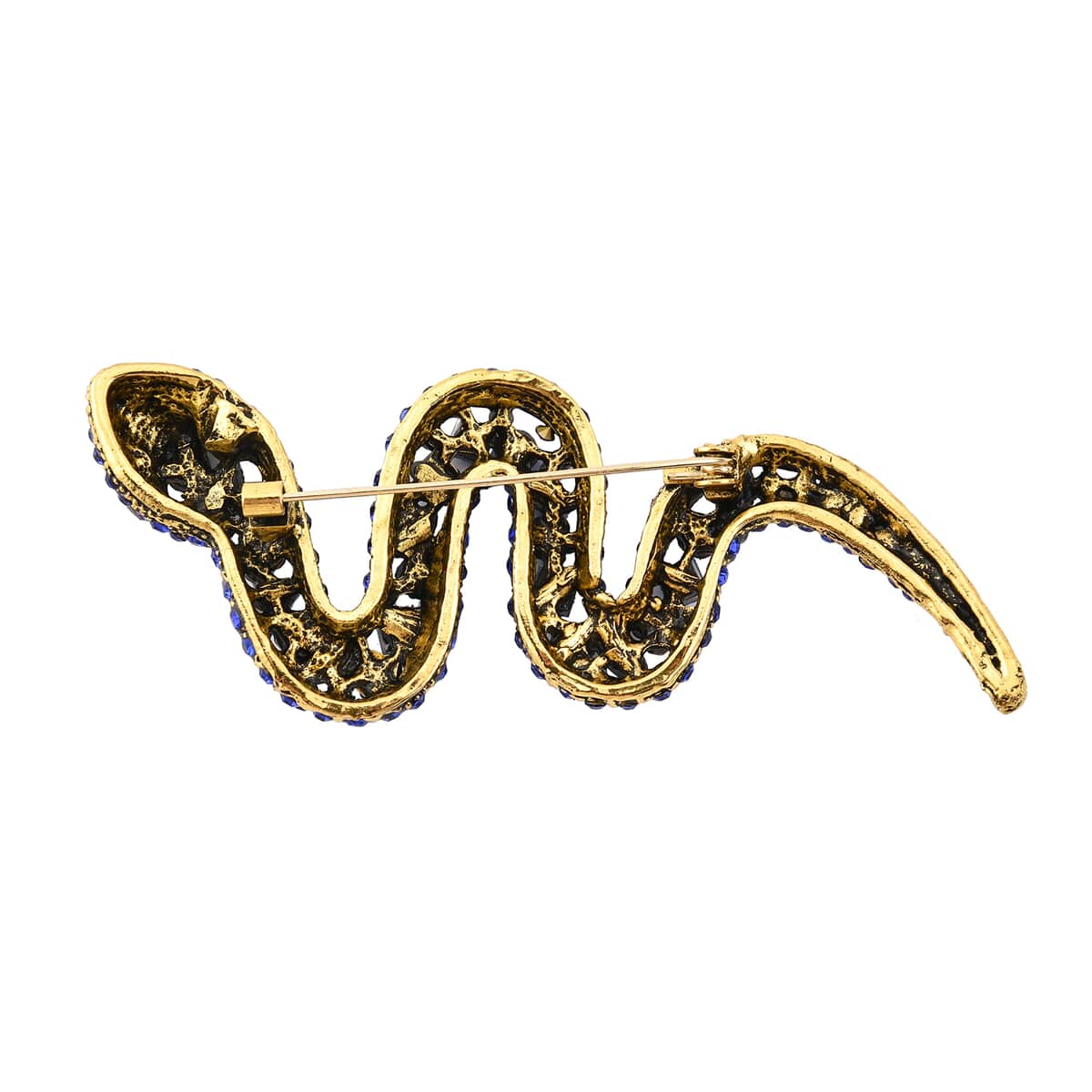 Black and Blue Glass, Blue Magic Austrian Crystal Snake Brooch in Goldtone image number 3