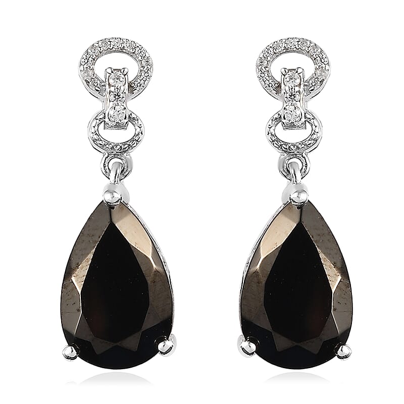 Elite Shungite and White Zircon Dangling Earrings in Platinum Over Sterling Silver 4.85 ctw