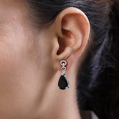 Elite Shungite and White Zircon Dangling Earrings in Platinum Over Sterling Silver 4.85 ctw