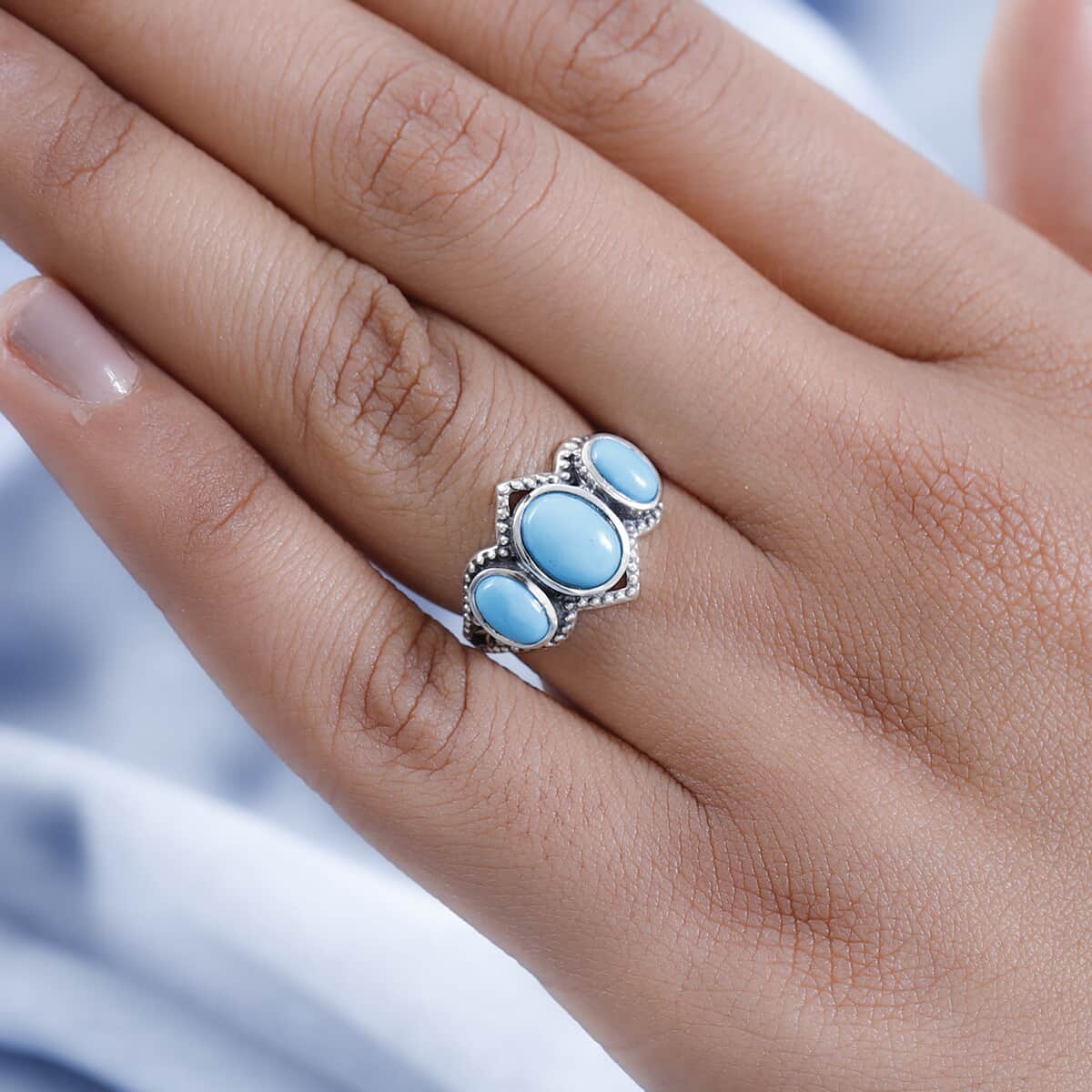 American Natural Sleeping Beauty Turquoise 3 Stone Ring in Sterling Silver (Size 10.0) 1.90 ctw image number 2