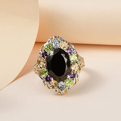 Elite Shungite and Multi Gemstone Cluster Ring in Vermeil YG and Platinum Over Sterling Silver (Size 10.0) 5.10 ctw
