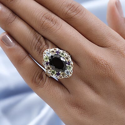 Elite Shungite and Multi Gemstone Cluster Ring in Vermeil YG and Platinum Over Sterling Silver (Size 10.0) 5.10 ctw