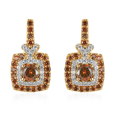 Orange and White Diamond Double Halo Earrings in Vermeil Yellow Gold Over Sterling Silver 1.00 ctw